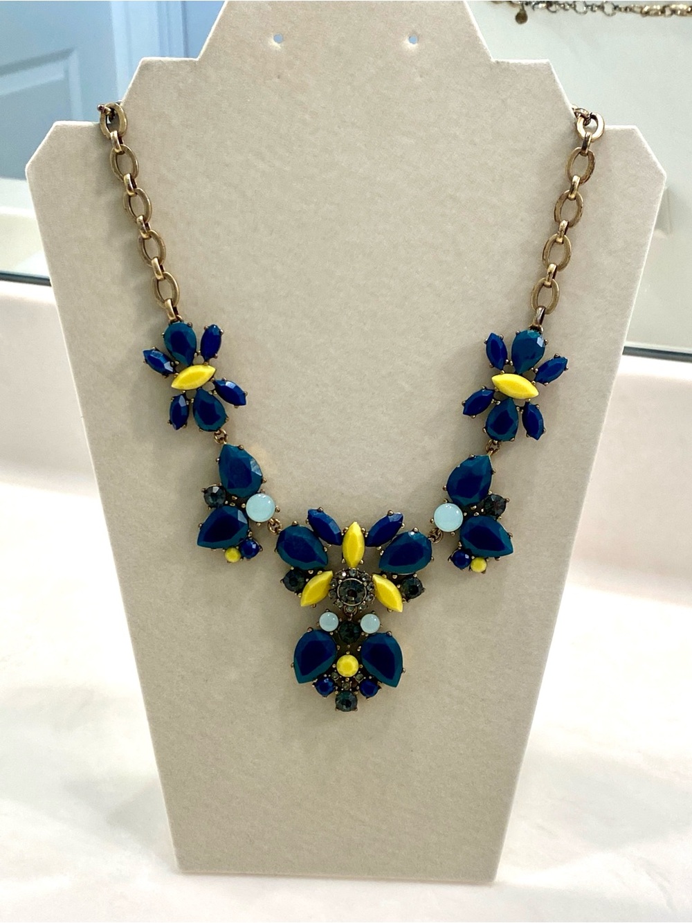 J. Crew Vintage Navy Blue Yellow Crystal Cluster Statement Bib Necklace 